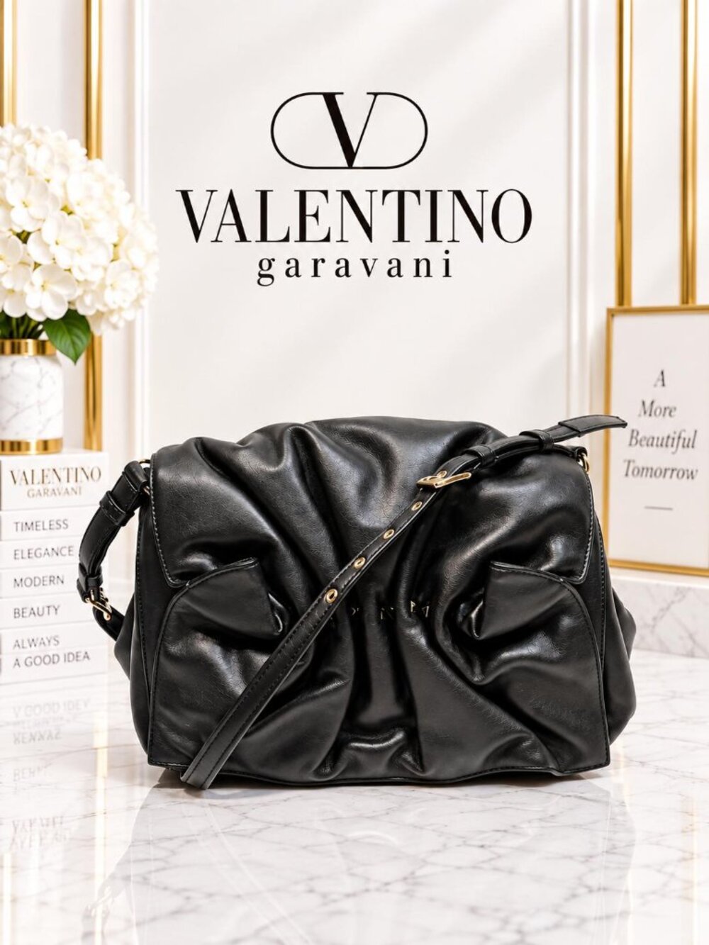 Authentic Valentino Garavani Black Leather Ruched Slouchy Shoulder Crossbody Bag